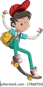 Cartoon boy riding a skate board. Teenager practicing sports.