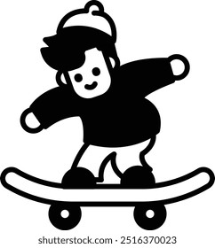 A cartoon boy is riding a skateboard. He is wearing a red shirt and a yellow hat