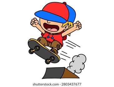 Cartoon Boy Riding Skateboard Performing an Ollie Trick
