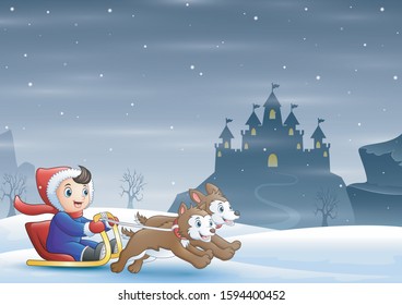 Cartoon boy riding sled on the snow pulled by two dogs