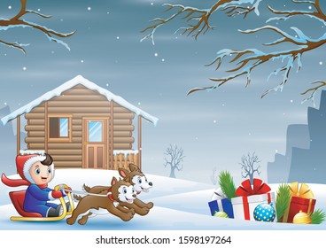 Cartoon boy riding sled passing through the snowy village