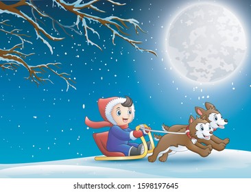 Cartoon boy riding sled passing through the forest night