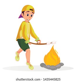 Cartoon Boy Roast Marshmallow Stick over Fire Vector Illustration. Kid Grill Food on Bonfire. Picnic Barbecue Fun. Forest Camp Evening Party. Boy Scout Character. Nature Wood Recreation.