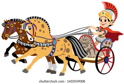 cartoon boy in a roman war chariot pulled by two horses. Vector illustration for little kids