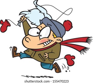 Cartoon boy running away after snatching Santa's beard