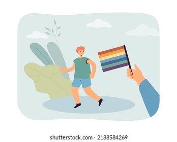 Cartoon boy running away from hand holding rainbow flag. Scared child looking at pride flag flat vector illustration. LGBT community, peace, support concept for banner, website design or landing