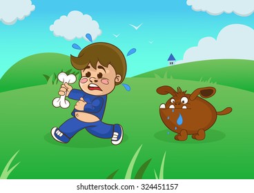 Cartoon boy running away from a starving dog. vector