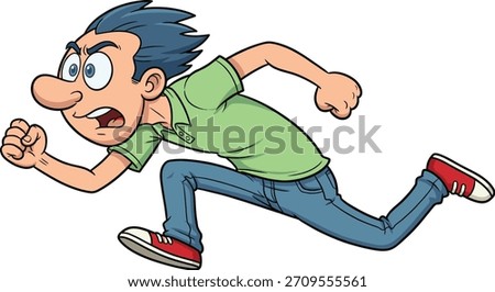 Cartoon boy running fast with clenched fists, spiky blue hair, red sneakers, green shirt, dynamic pose, urgency expression, energetic motion, isolated white background, vector illustration