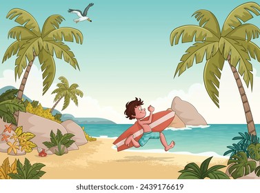 Cartoon boy running on beach to surf. Teenager with surfboard on tropical beach.
