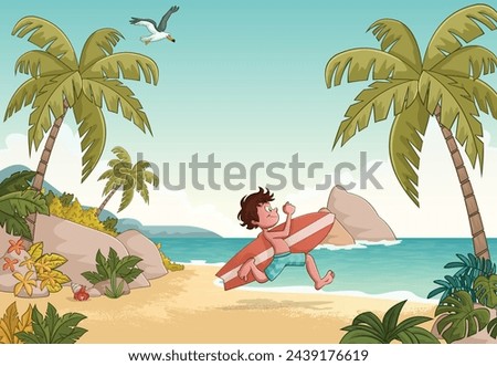 Kid with surfboard in sea