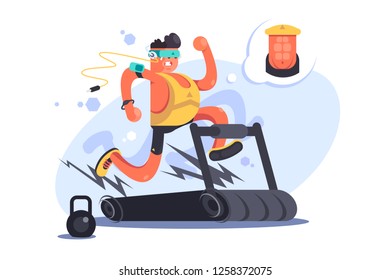 Cartoon boy running on treadmill. Young man in sportswear doing exercises on speedwalk at gym vector illustration. Athlete dreams of perfect press flat concept