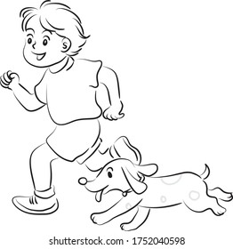 cartoon boy running with pet dog vector drawing