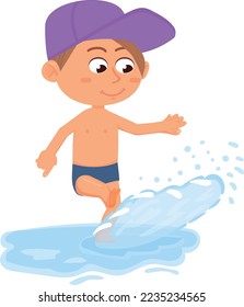 Cartoon boy running in water. Kid summer activity