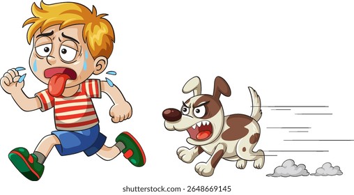 Um menino de desenho animado corre de um cachorro irritado. Cores brilhantes e expressões exageradas melhoram a cena de perseguição humorística