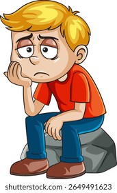 A cartoon boy with a sad expression sits on a rock, wearing casual clothes. Bright colors and simple lines define the style