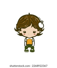 A cartoon boy with a sad face and arms lowered. Vector illustration on a white background