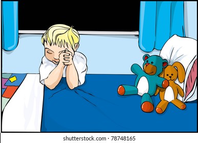 Cartoon boy saying prayers on his bed with stuffed toys around