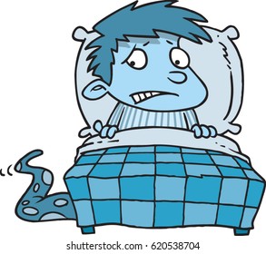 cartoon boy scared of a monster under his bed