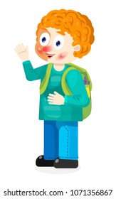 Cartoon boy school student waves a hand and welcomes. Vector, a stock object is isolated on a white background.