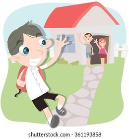 cartoon boy in school uniform running and waving his hand to his parent