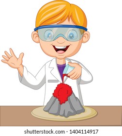 Cartoon Boy Scientist Doing Volcano Experiment