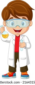 Cartoon boy scientist holding a flask and test tube