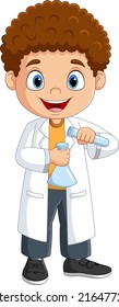 Cartoon boy scientist holding test tubes