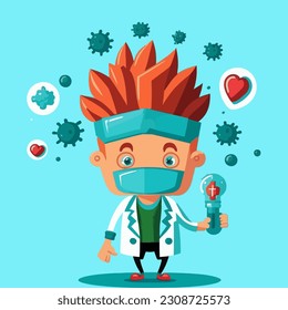 Cartoon boy scientist holding test tubes. Vector illustration