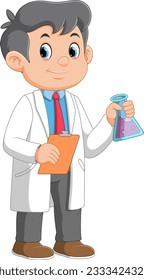 Cartoon boy scientist holding test tubes of illustration