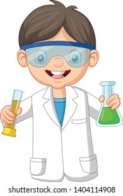 Cartoon boy scientist holding two test tube