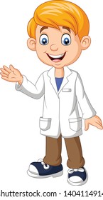 Cartoon Boy Scientist Wearing Lab White Coat Waving