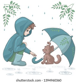 Cartoon boy shelters a cute puppy under his umbrella. Vector set of elements. Kindness concept. Isolated objects on white background.