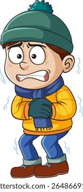 Garoto de desenhos animados tremendo em trajes de inverno, apresentando o tempo frio. Cores brilhantes e estilo expressivo realçam a atmosfera fria