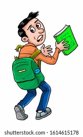 Cartoon boy shocked his backpack is crack