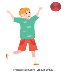 Cartoon of a boy in shorts playing with a red ball outdoors.