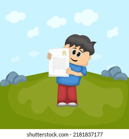 Cartoon boy showing document with landscape background