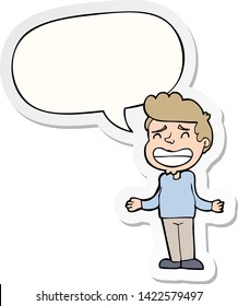 niño de caricatura encogiéndose de hombros con pegatina de burbuja de habla