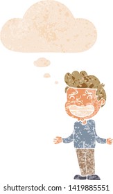 cartoon boy shrugging with thought bubble in grunge distressed retro textured style