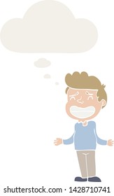 cartoon boy shrugging with thought bubble in retro style