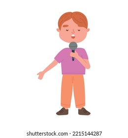 niño de dibujos animados cantando con un micrófono de fondo blanco