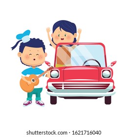 cartoon boy singing and playing guitar and girl in classic car over white background, vector illustration