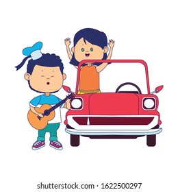 cartoon boy singing and playing guitar and girl in classic car over white background, colorful design, vector illustration