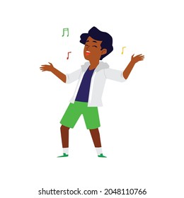 Cartoon boy singing a song or dancing to music. African kid singer with dark skin and melody sound symbols smiling and performing, isolated vector illustration.