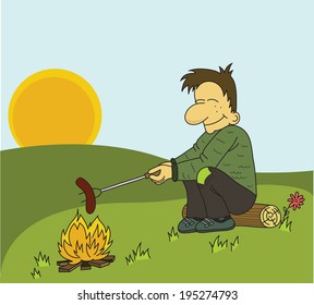Cartoon boy sitting by campfire and roasting sausage (vector)
