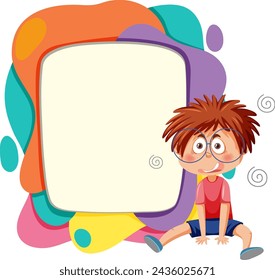Cartoon boy sitting by a vibrant abstract frame
