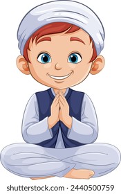 Cartoon of a boy sitting cross-legged, hands together