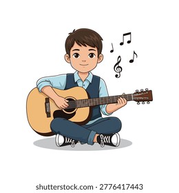 Cartoon boy sitting cross-legged and playing an acoustic guitar