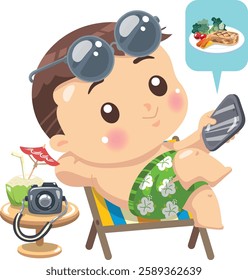 cartoon boy sitting on beach chair and relaxing on summer vacation