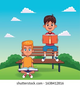 cartoon boy sitting on the grass and boy reading a book sitting on a bench over landscape background, colorful design, vector illustration
