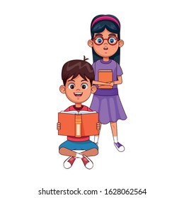 cartoon boy sitting and reading a book and girl standing over white background, colorful design, vector illustration